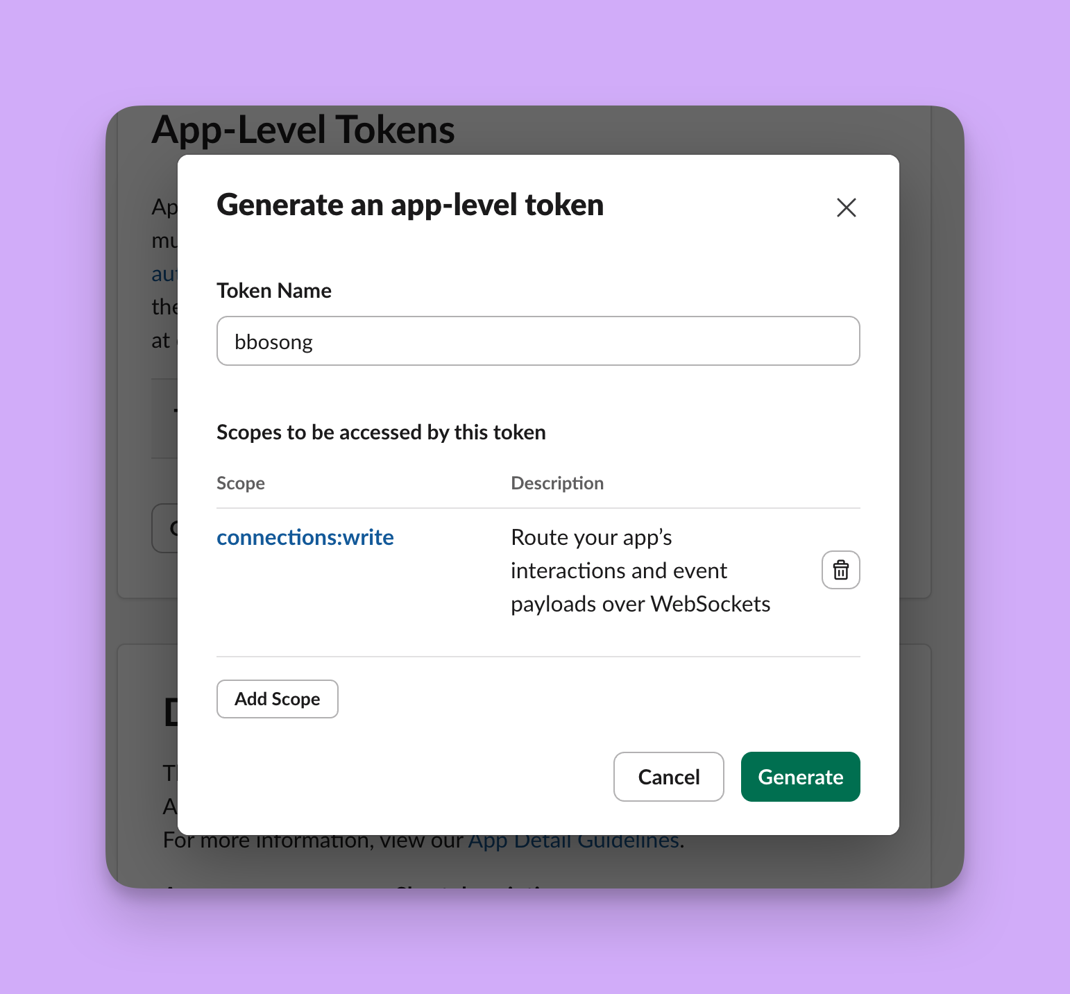 App-Level Token 생성 + connections:write 선택